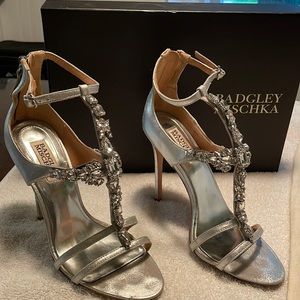 Badgley Mischka silver and crystal shoe. original box & duster. Pd. 375.00.